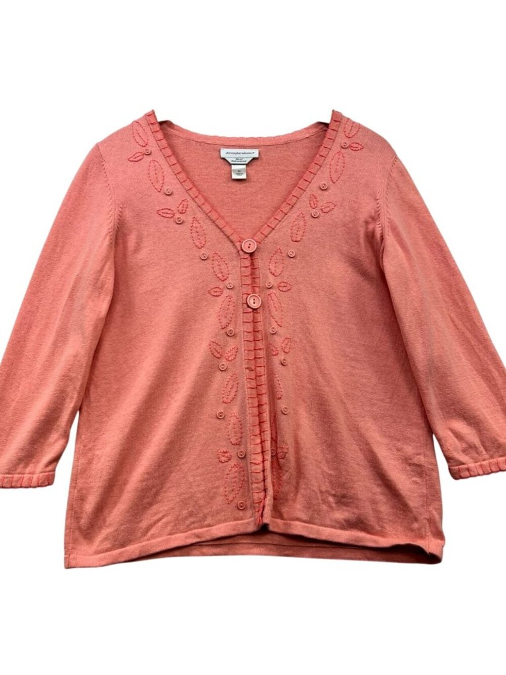 Christopher & Banks Women Hand Embroidery Cardigan Sweater 3/4 Sleeve Sz M Coral